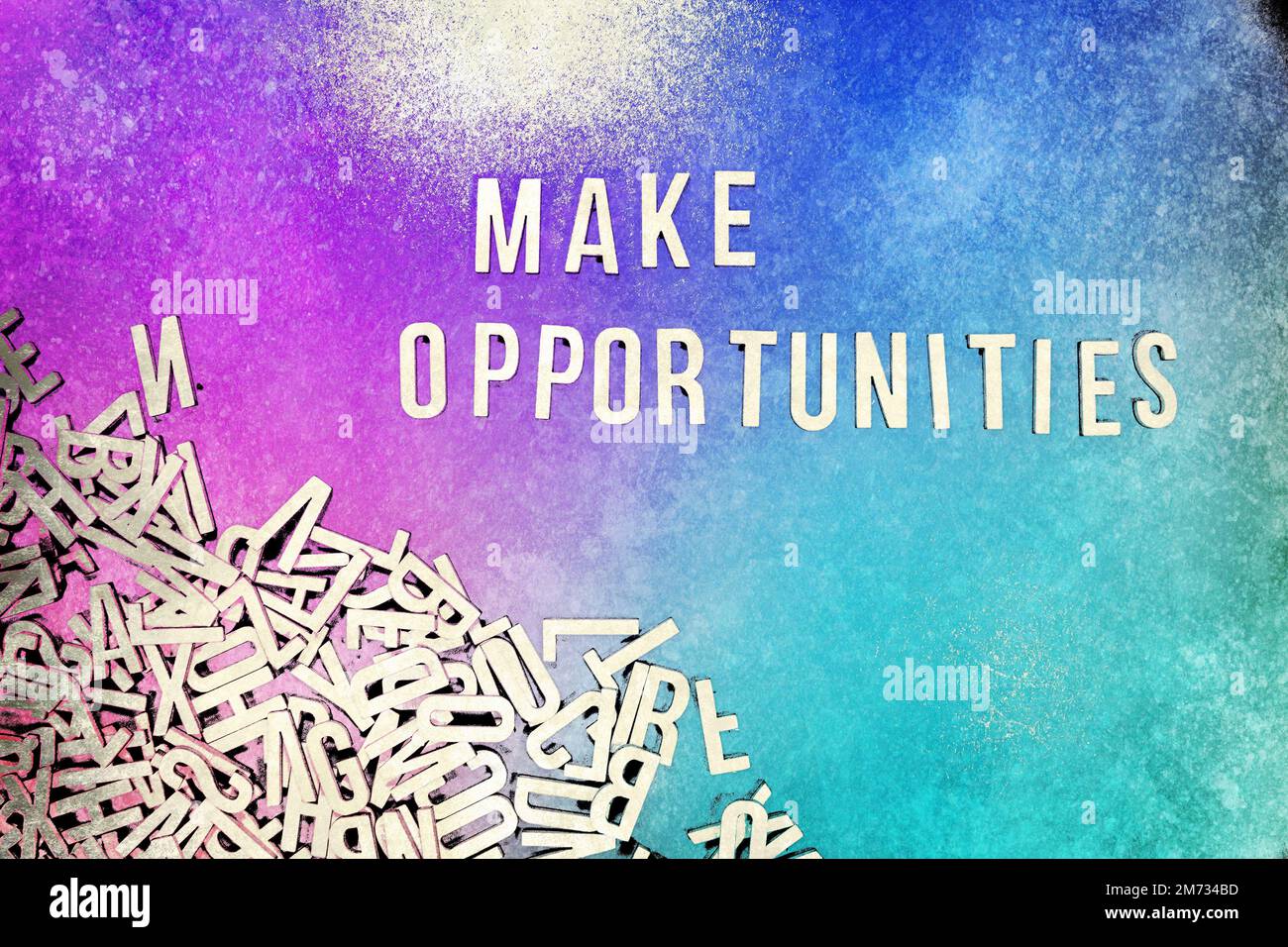 MAKE OPPORTUNITIES in wooden English words language capital letters