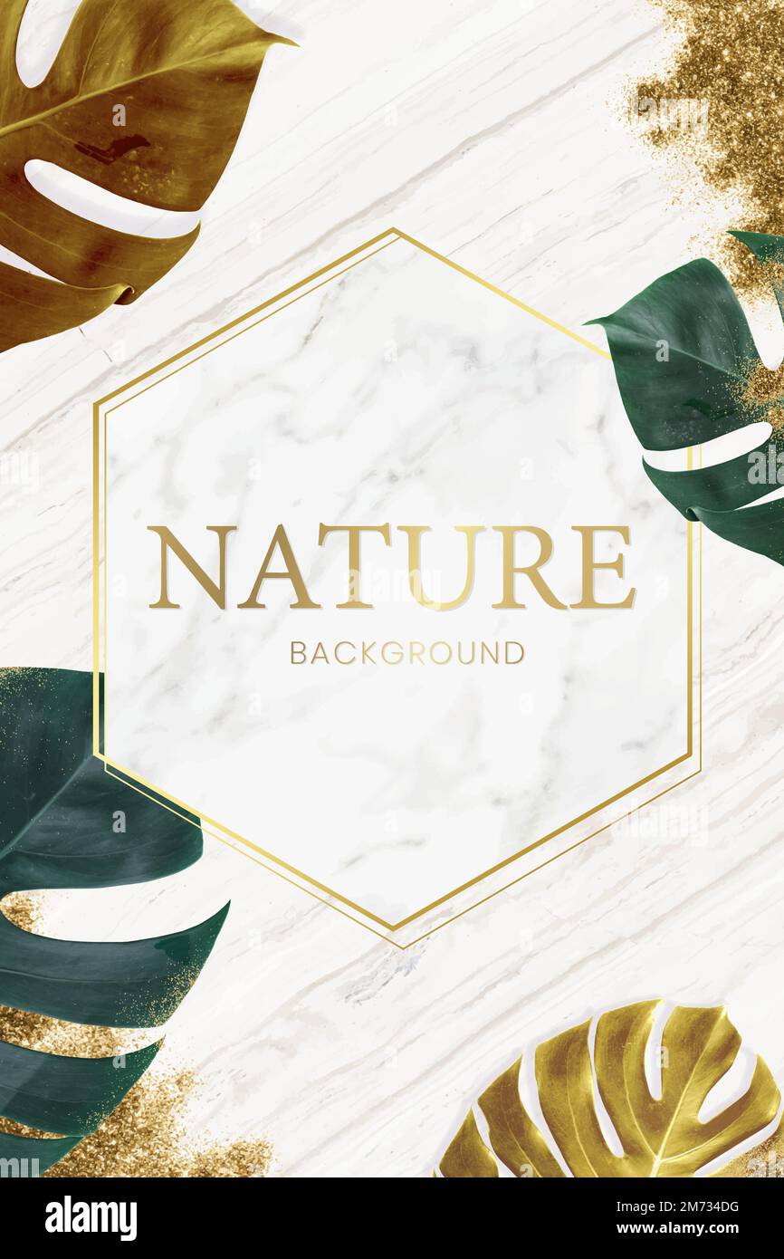 Hexagon golden nature frame on a marble background vector Stock Vector