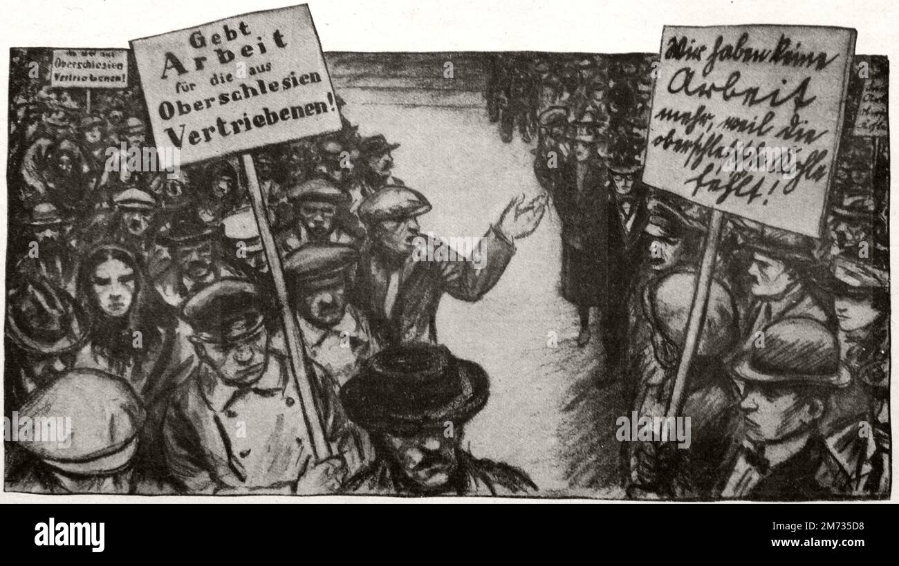 Zeichnung von W. Krain zur Volksabstimmung in Oberschlesien am 20. März 1921. Im Vorfeld der Abstimmung wurde von beiden Seiten ein großer Propagandaaufwand betrieben. Das Bild stammt aus der Berliner Illustrierten Zeitung und zeigt eine Demonstration von Arbeitslosen als Folge einer Entscheidung für Polen. Willibald Krain (* 11. Dezember 1886 in Breslau; † 11. September 1945 in Dresden war ein deutscher Maler, Zeichner und Illustrator. In den 1920er Jahren wurden von ihm viele Zeichnungen in der 'BIZ' und anderen Zeitungen veröffentlicht. Stock Photo