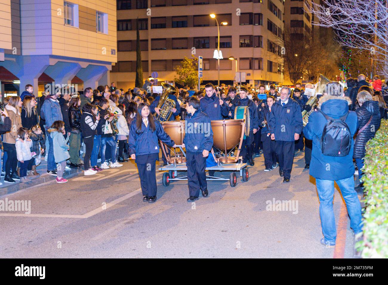 CHRISTMAS PARTY IN A SPANISH VILLAGE WITH A FLOAT PARADE Stock Photo