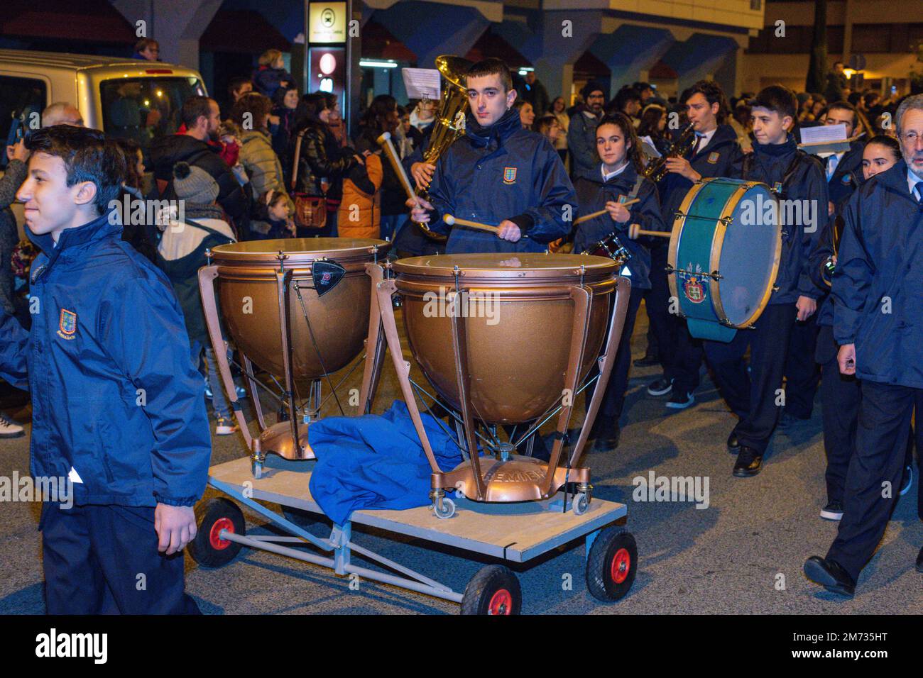 CHRISTMAS PARTY IN A SPANISH VILLAGE WITH A FLOAT PARADE Stock Photo