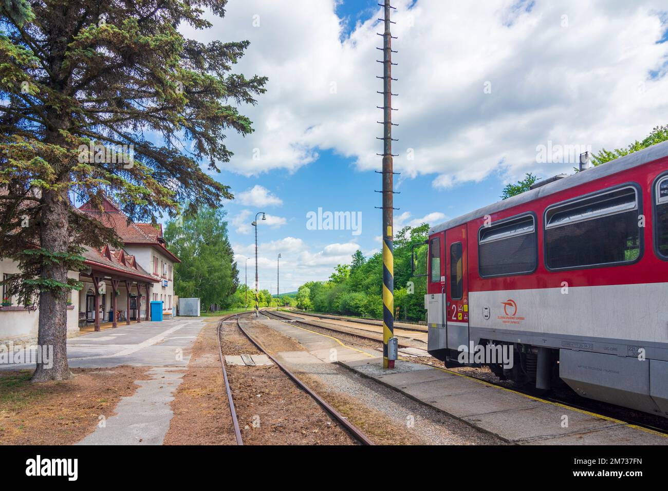 Vrbovce: Vrbovce train station, local train in White Carpathians (Biele Karpaty), , Slovakia Stock Photo