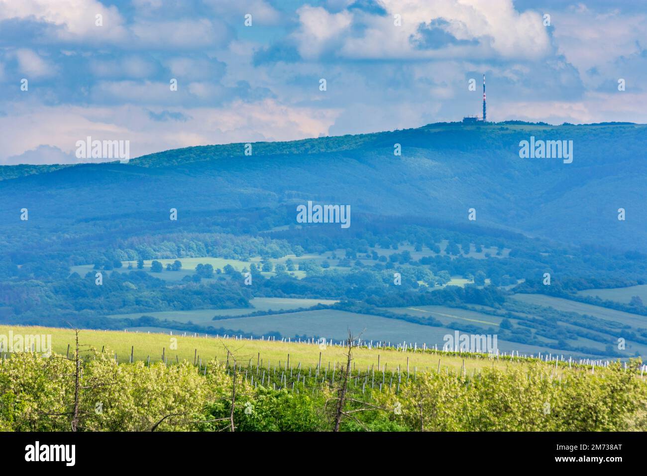 White Carpathians (Biele / Bile Karpaty): mountain Velka Javorina of White Carpathians (Biele Karpaty) with transmission tower, field in , Zlinsky, Zl Stock Photo