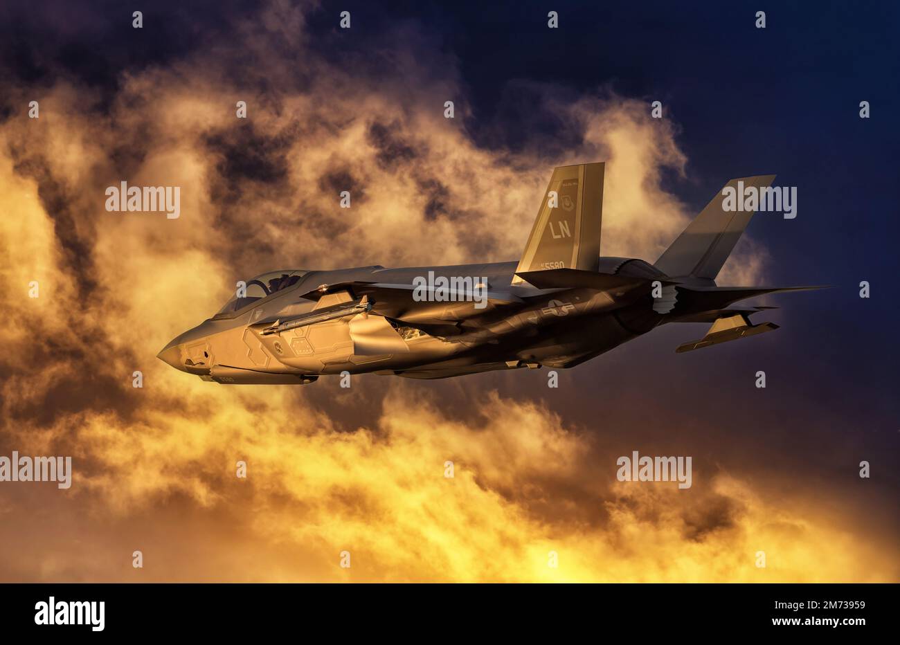 F-35 Fighter jet at sunset. Modern military fifth generation fighter jet returning from a. combat mission. Fighter jet aircraft with orange sky Stock Photo