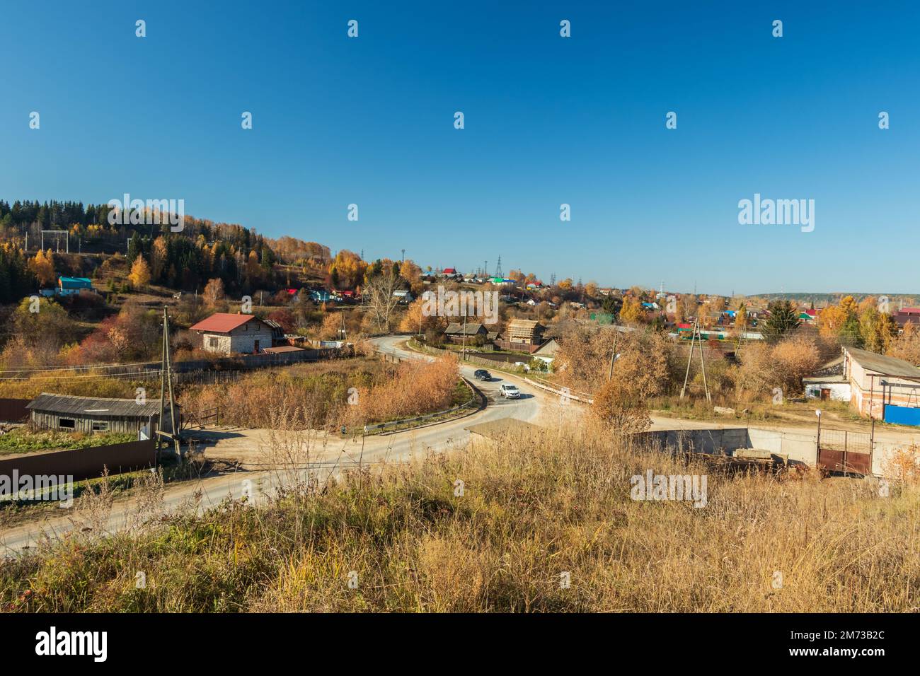 Autumn landscape, view of the village of Filippovka. Photo taken in the village of Filippovka, Kurgursky District, Perm Territory, Russia. Stock Photo