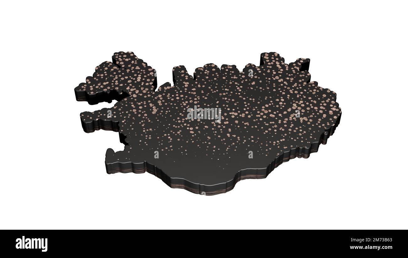 A 3D render of a metallic black Iceland shaped map isolated on a white ...