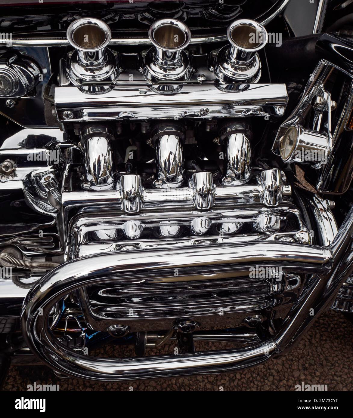 A massive motorcycle engine, polished to perfection Stock Photo