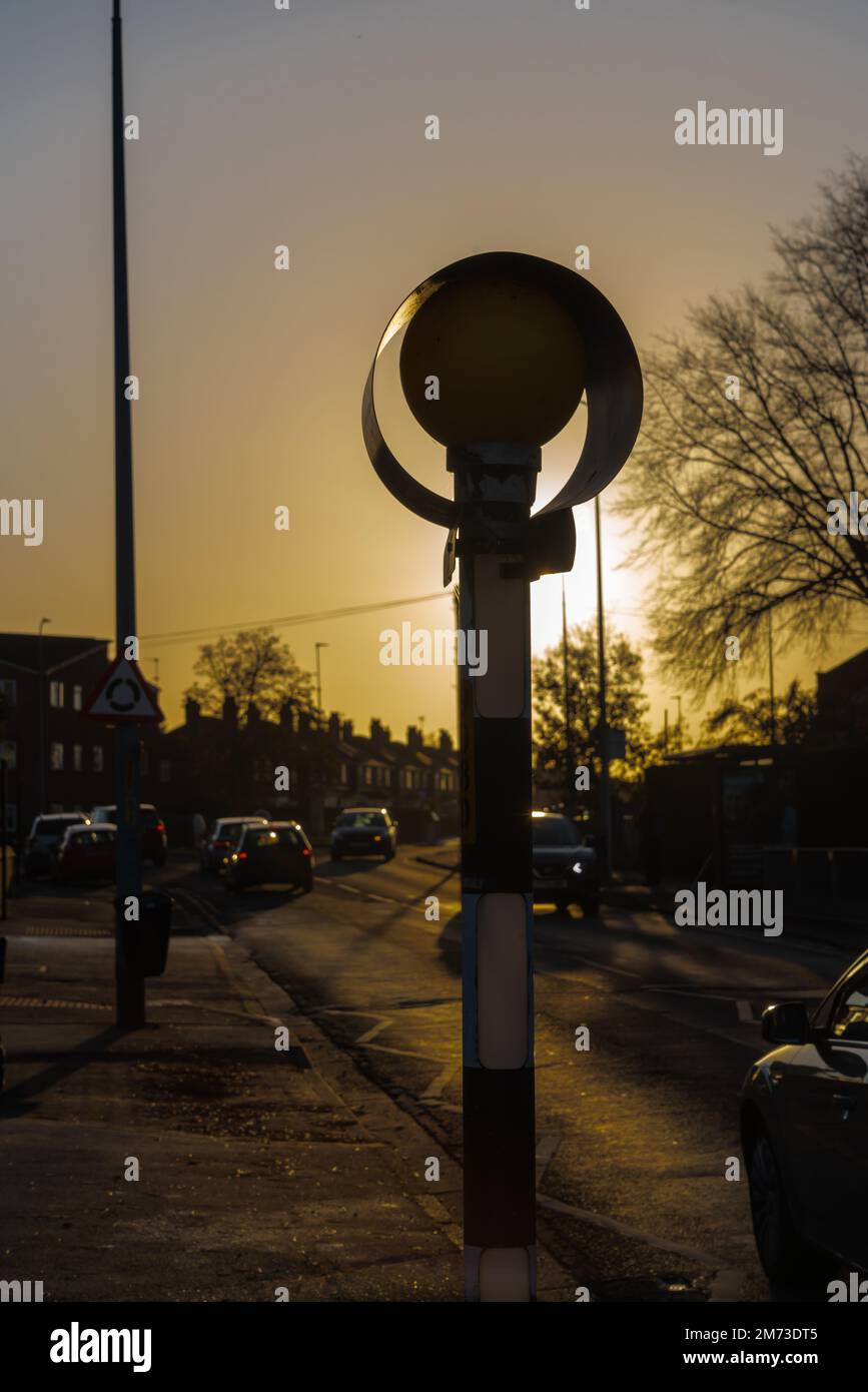 Belisha beacons, Zebra crossings, flashing amber lights, active road, crossing location, painted black, white stripes, must, give way, pedestrian cars Stock Photo