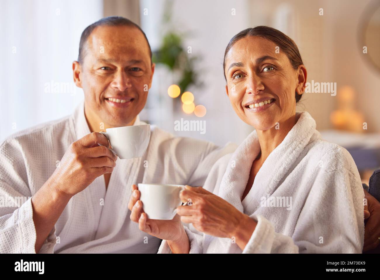 Spa, tea and portrait of couple relax together at Tokyo Japan resort for marriage anniversary vacation, holiday or wellness retreat. Beauty spa, love Stock Photo