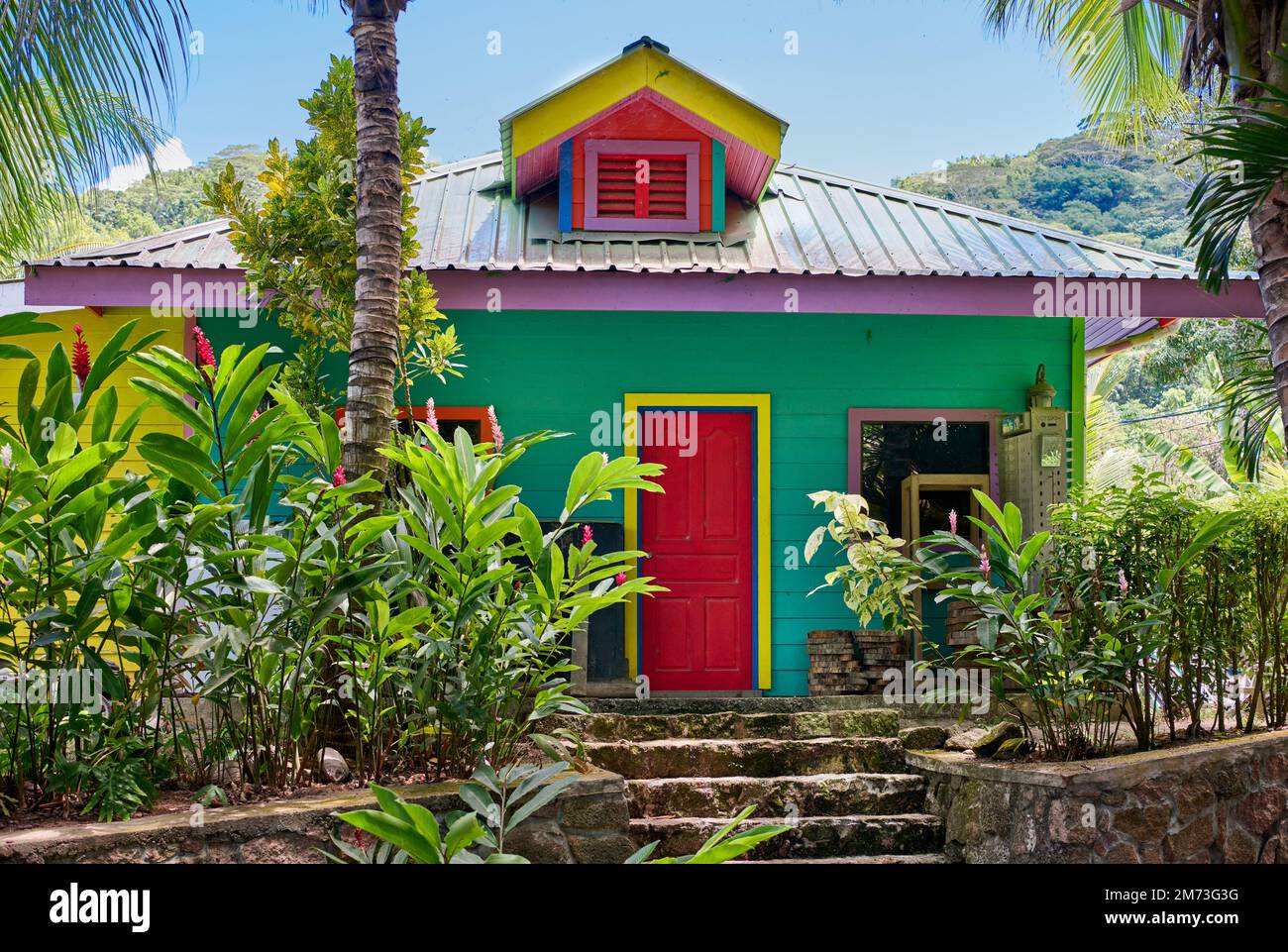 colorful painted house on La Digue, Seychelles Stock Photo Alamy