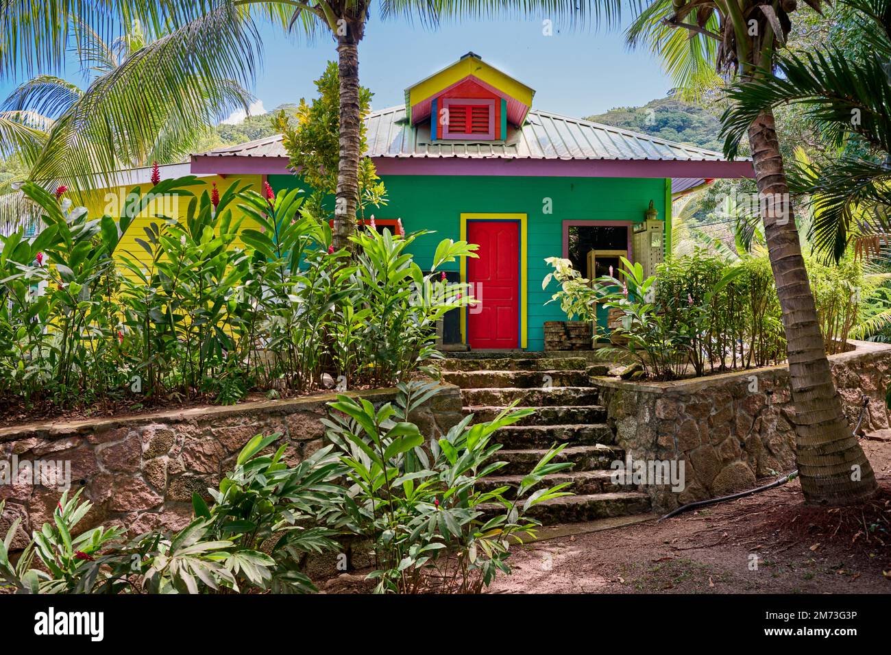 colorful painted house on La Digue, Seychelles Stock Photo Alamy