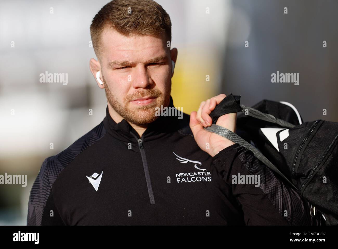 Callum Chick of Newcastle Falcons arrives at the ground for the