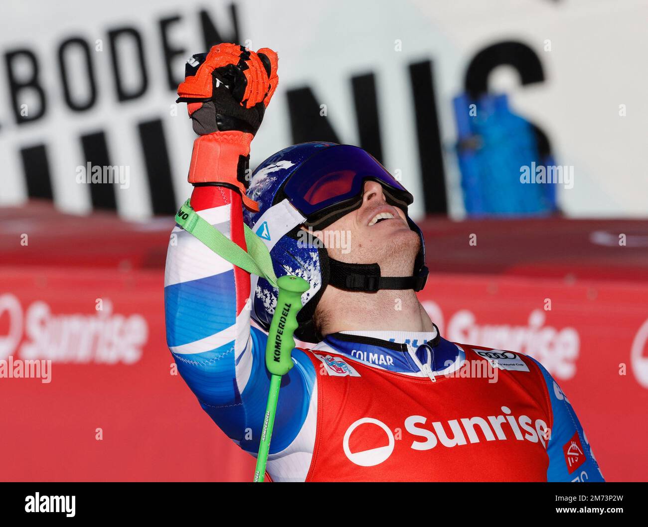 Alpine Skiing - FIS Alpine Ski World Cup - Men's Giant Slalom - Adelboden, Switzerland - January 7, 2023 France's Leo Anguenot reacts REUTERS/Stefan Wermuth Stock Photo