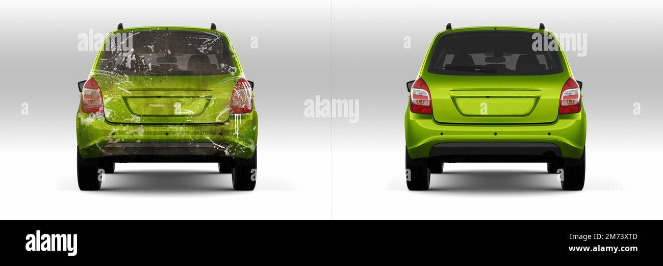 Car before and after washing. Half divided picture. Before and after effect. 3d Stock Photo