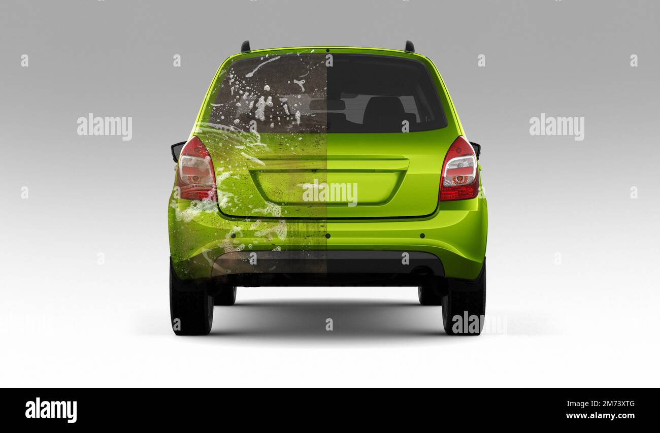 Car wash, suds, mud. Half divided picture. 3d illustration. Car before and after washing. Half divided picture. Before and after effect. 3d illustrati Stock Photo