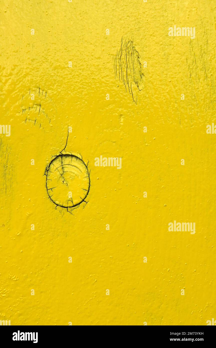 Wooden plank with knot and fine cracks painted in bright solid yellow color Stock Photo