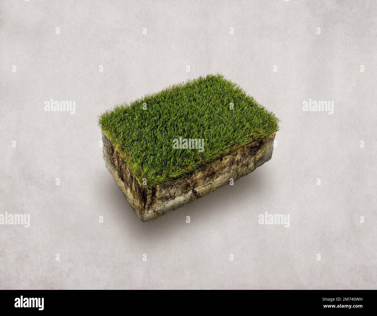 3D Isometric green grass, soil section isolated in light background Stock Photo
