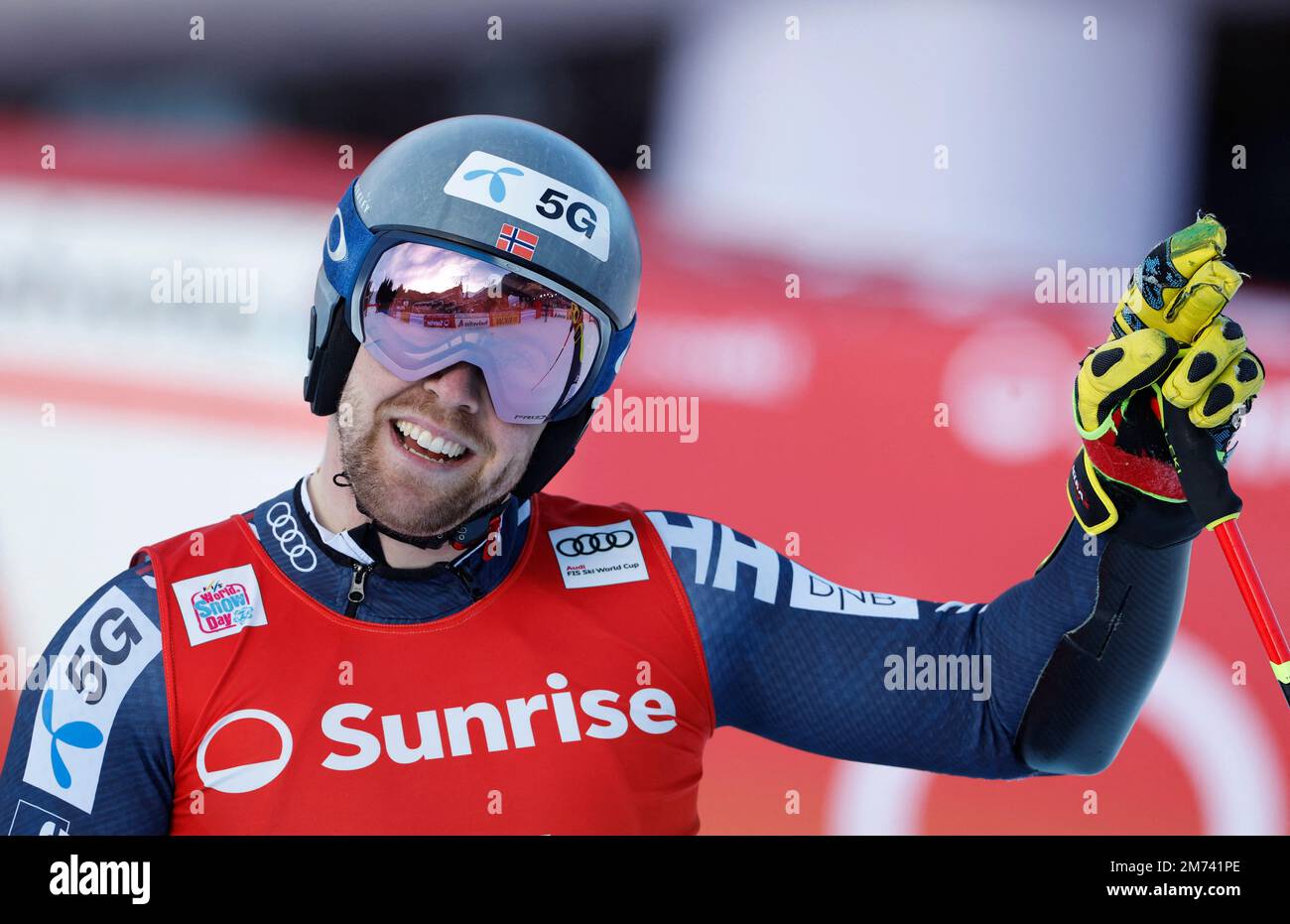 Alpine Skiing - FIS Alpine Ski World Cup - Men's Giant Slalom - Adelboden, Switzerland - January 7, 2023 Norway's Aleksander Aamodt Kilde reacts REUTERS/Stefan Wermuth Stock Photo