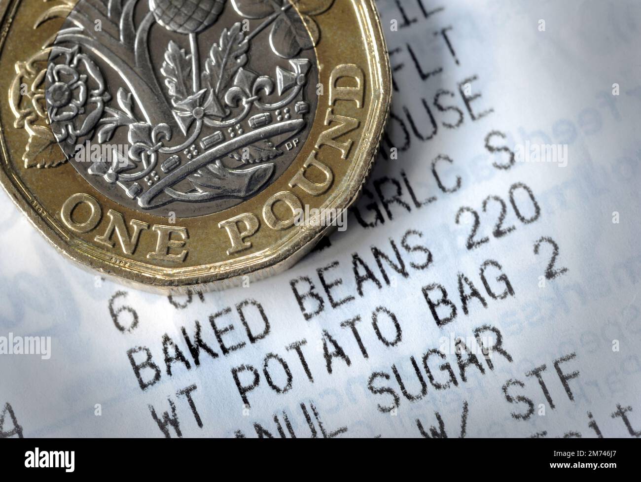FOOD SHOPPING RECEIPT WITH ONE POUND COIN RE COST OF LIVING CRISIS BASIC SHOP PRICES RISING COSTS HOUSEHOLD BUDGETS ETC UK Stock Photo