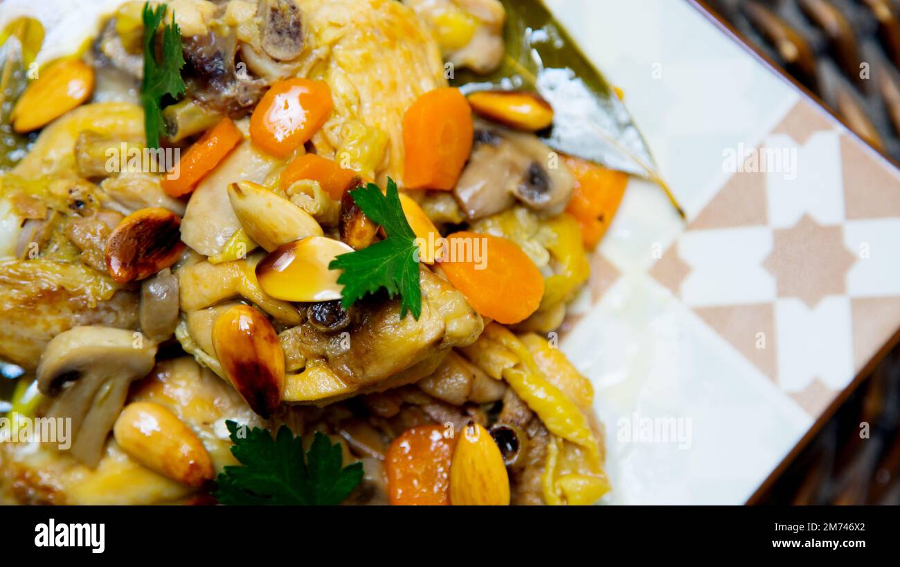 Chicken with almonds and vegetables. Traditional chinese recipe Stock