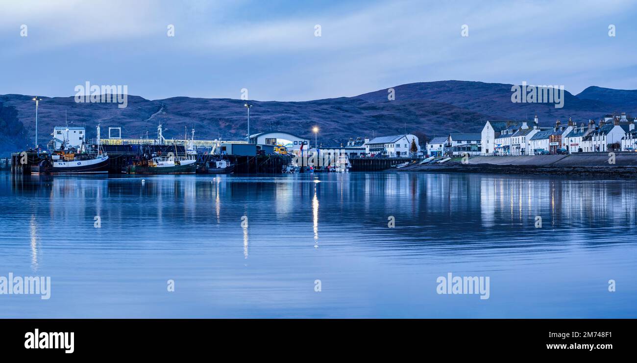Panoramic view of Ullapool harbour and waterfront at daybreak