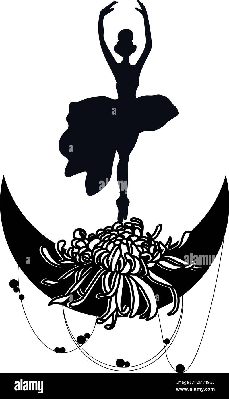 Watercolor dancing pink pretty ballerina with flowers and moon