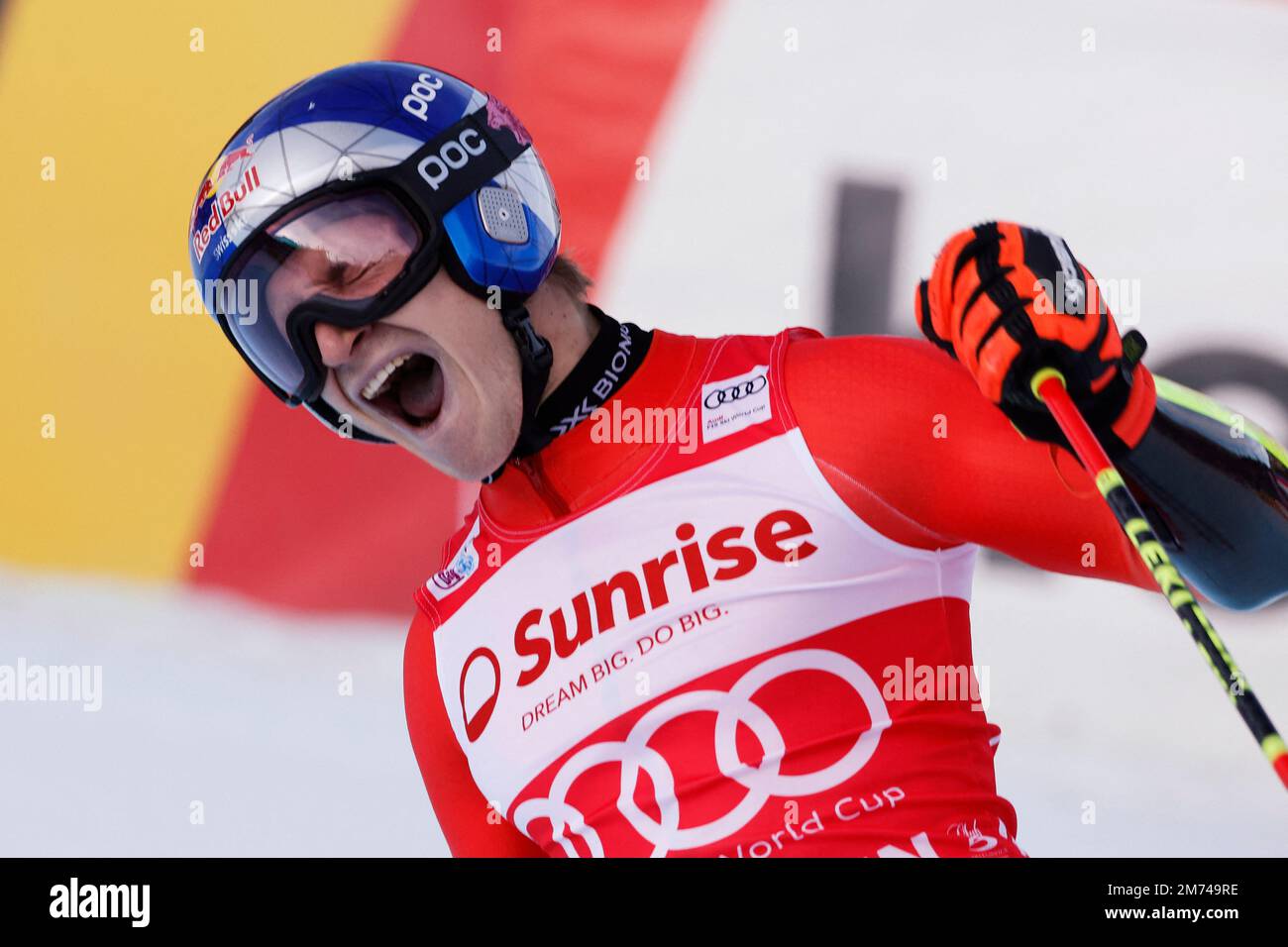 Alpine Skiing - FIS Alpine Ski World Cup - Men's Giant Slalom - Adelboden, Switzerland - January 7, 2023 Switzerland's Marco Odermatt celebrates after winning REUTERS/Stefan Wermuth Stock Photo