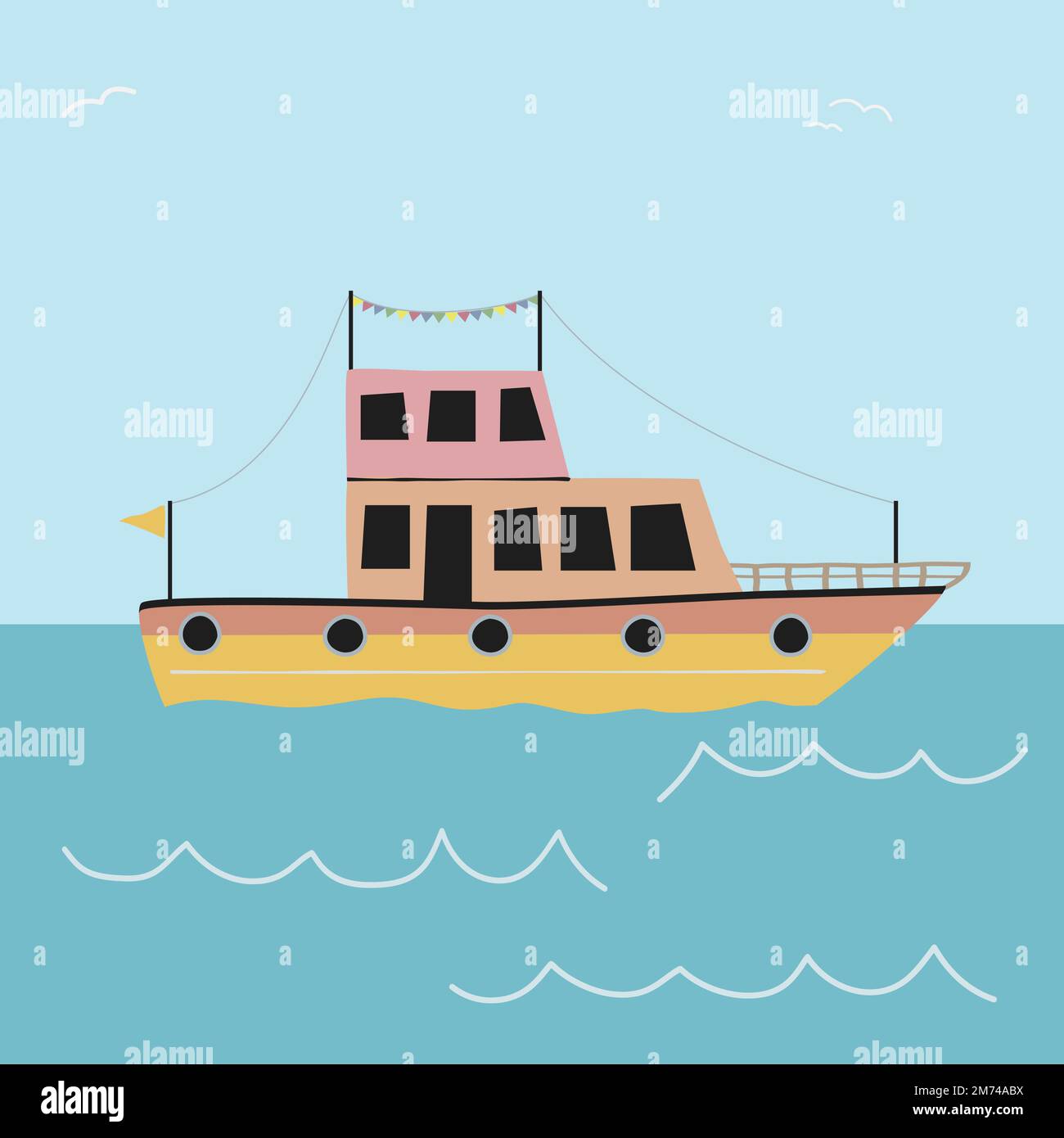 scandinavian style illustration of motor yacht on blue sea, scandi vector drawing for children Stock Vector