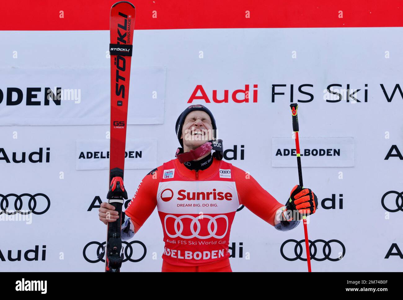 Alpine Skiing - FIS Alpine Ski World Cup - Men's Giant Slalom - Adelboden, Switzerland - January 7, 2023 Switzerland's Marco Odermatt celebrates on the podium after winning REUTERS/Stefan Wermuth Stock Photo