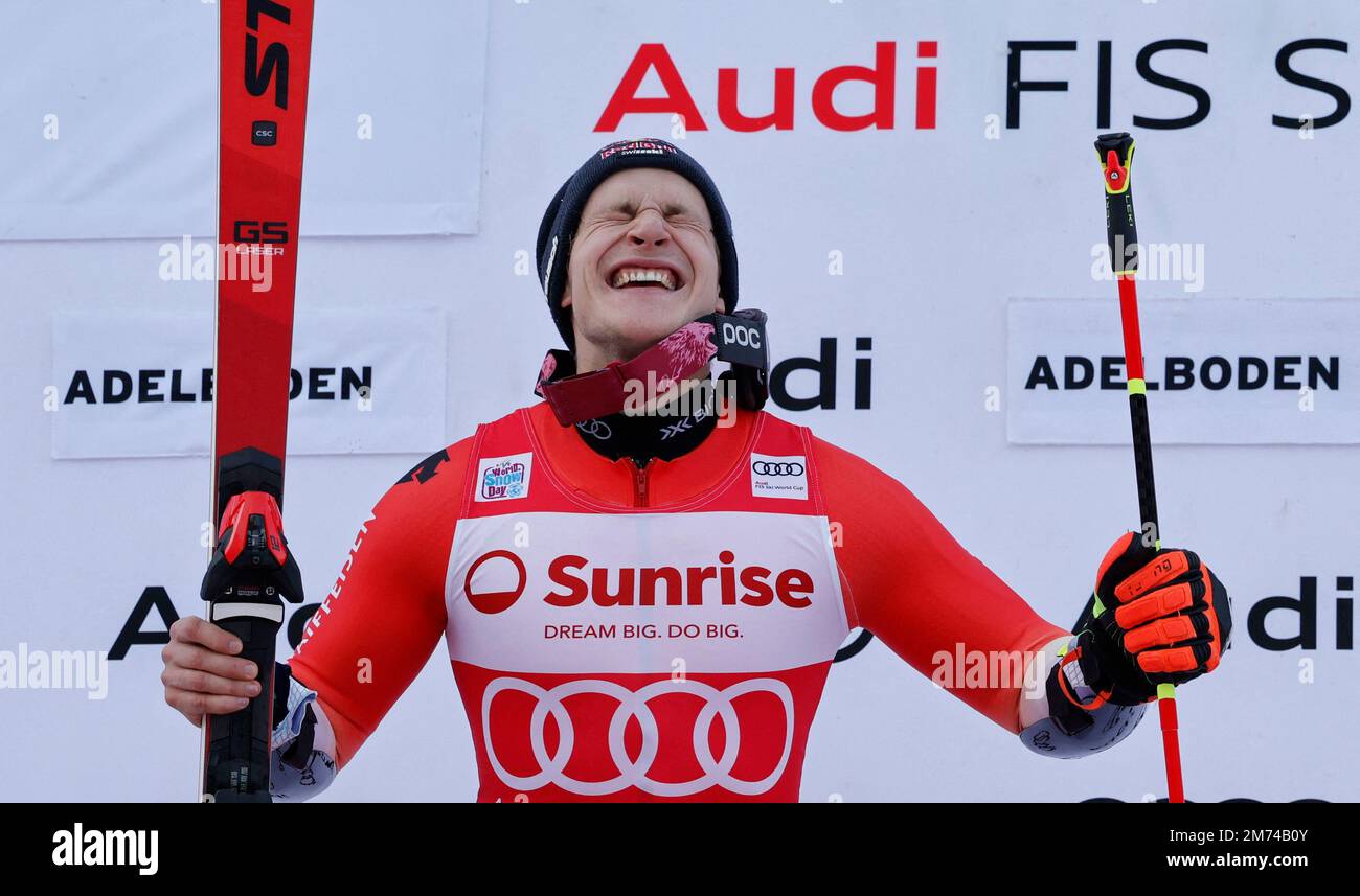 Alpine Skiing - FIS Alpine Ski World Cup - Men's Giant Slalom - Adelboden, Switzerland - January 7, 2023 Switzerland's Marco Odermatt celebrates on the podium after winning REUTERS/Stefan Wermuth Stock Photo