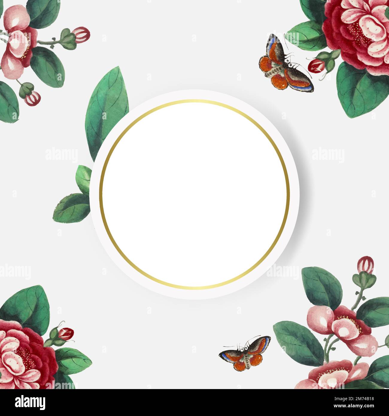 Chinese painting featuring flowers blank circle frame vector Stock Vector
