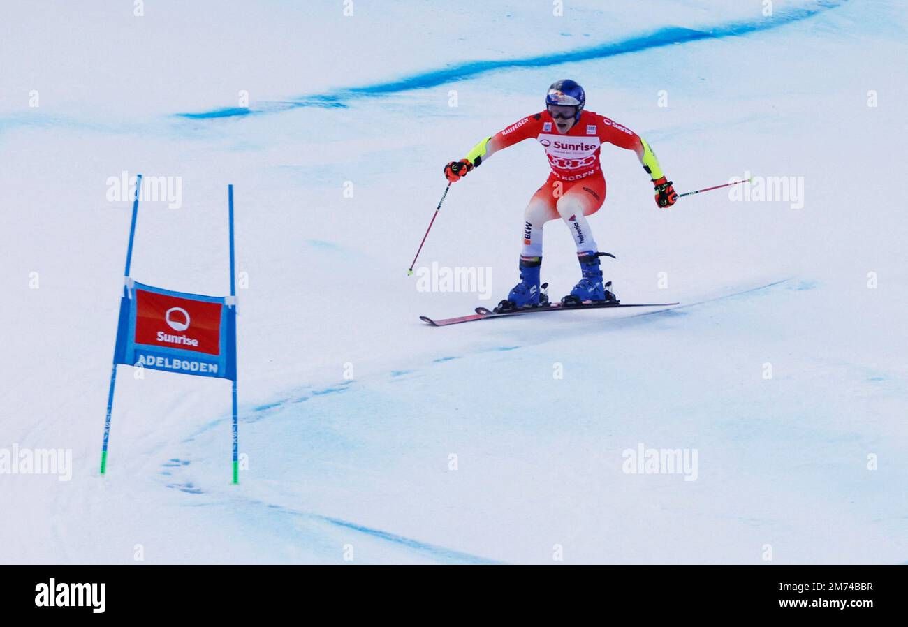 Alpine Skiing - FIS Alpine Ski World Cup - Men's Giant Slalom - Adelboden, Switzerland - January 7, 2023 Switzerland's Marco Odermatt in action REUTERS/Stefan Wermuth Stock Photo