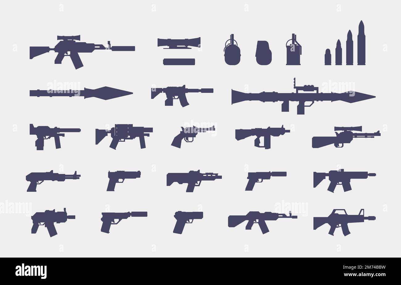 Guns silhouette. Military firearms icons for rpg design, army arsenal weapon and ammo, pistol