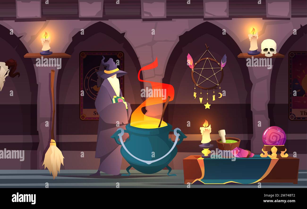 Wizard in castle. Old mystery alchemist in magical laboratory interior, cartoon magician character in witch hat with witchcraft tools. Vector of old w Stock Vector