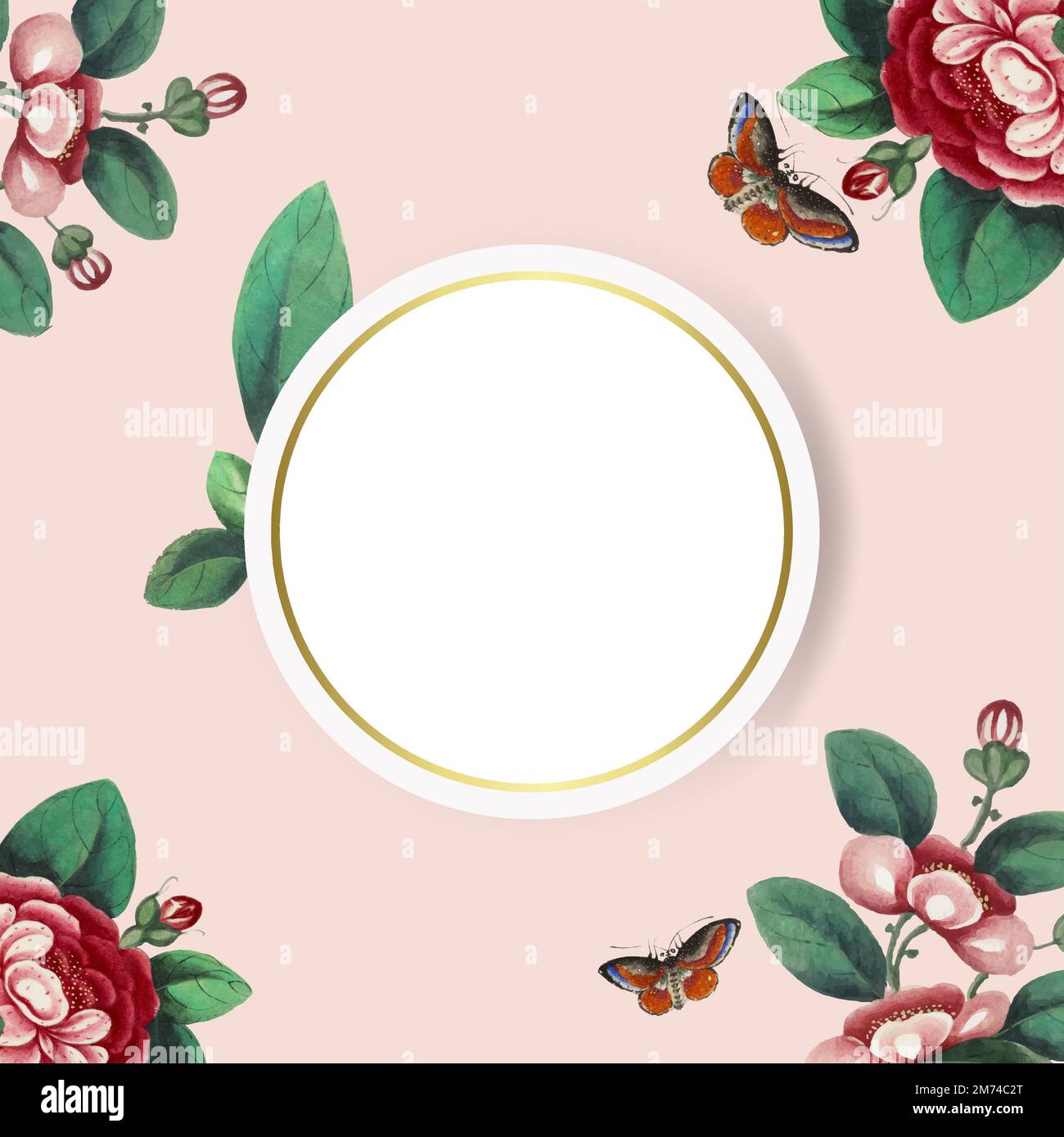 Chinese painting featuring flowers blank circle frame vector Stock Vector