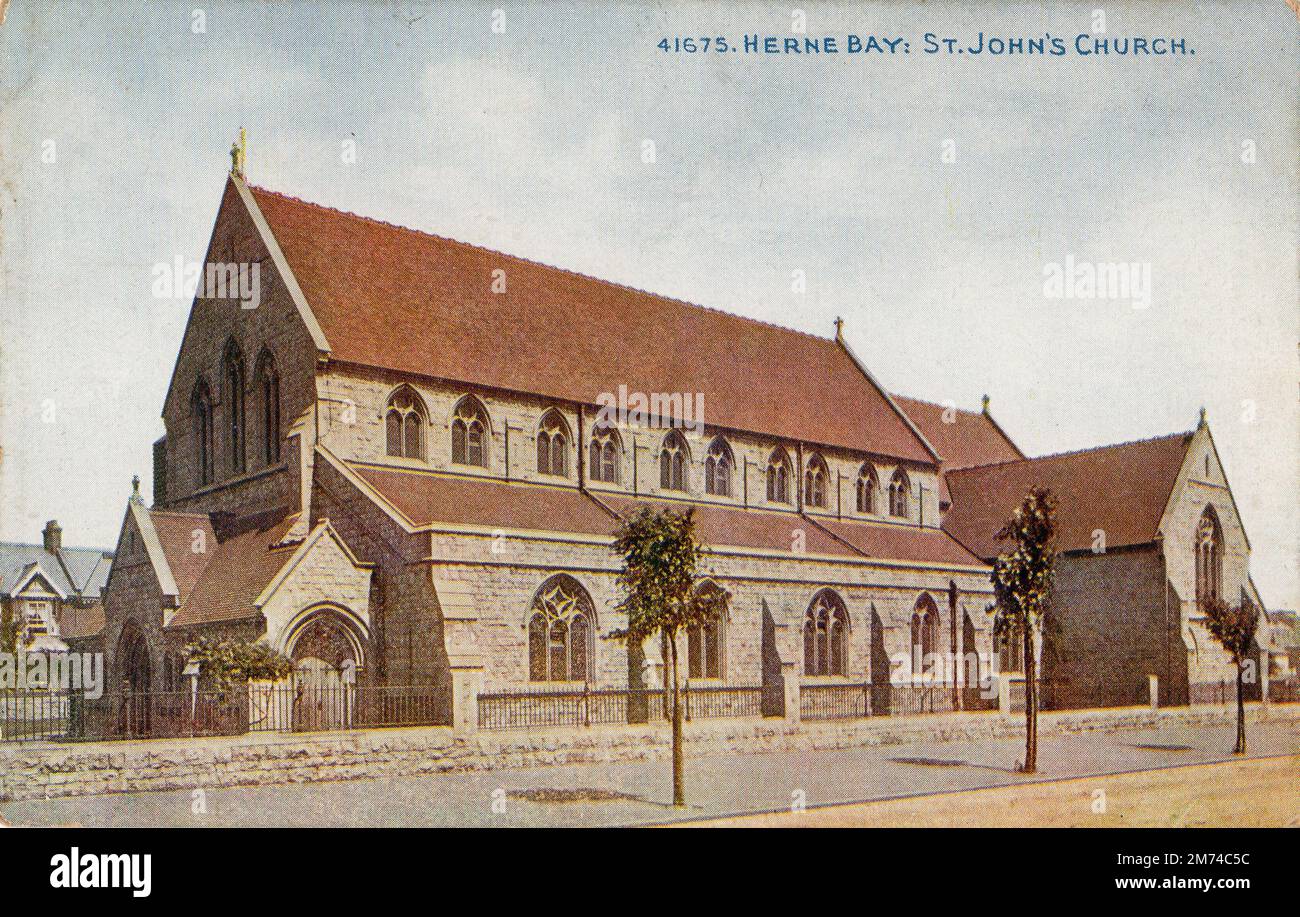 St John the Evangelist Church, Brunswick Square, Herne Bay, Kent. From a postcard circa 1903. The design was by R. Philip Day, the diocesan architect, with the building works costing an initial sum of £6,577. The foundation stone was laid by the Lord Mayor of London, Sir Horatio Davies, MP, on 28 July 1898. The church provided accommodation for 800 and was consecrated by the Bishop of Dover on 25 July 1899. The initial design called for a tower at the west end but lack of funds this was never built. In the initial phase of work only the nave and aisles were built, the chancel and transepts bei Stock Photo