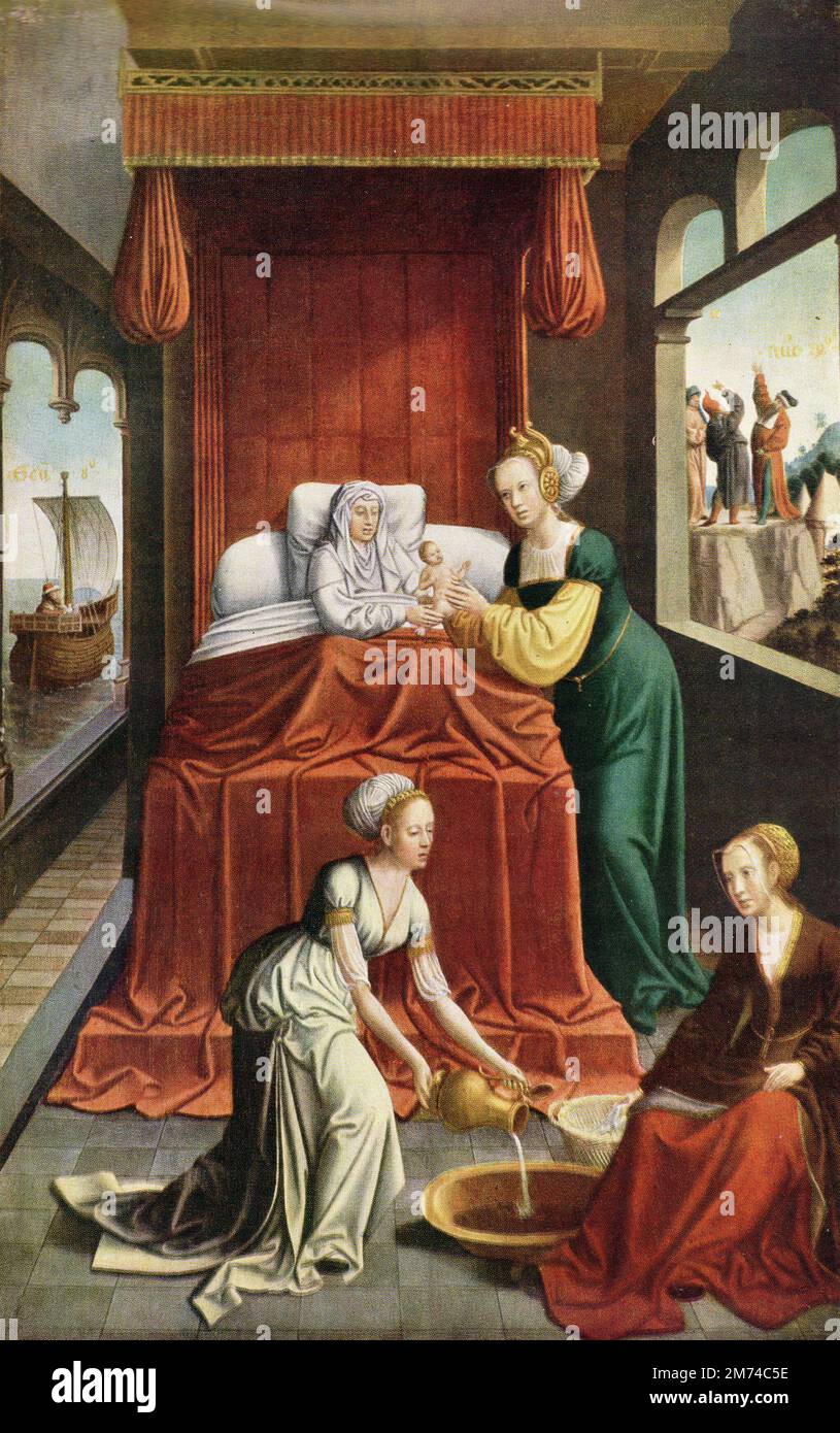 Dutch School; Early 16th Century. The Birth of the Virgin. Oil on wood. This painting by an unknown artist brings together three incidents from scripture into one image. The main subject is the Birth of the Virgin Mary. St Anne having given birth rests on a large bed, while handing the newly born child to a woman standing on the right. In the foreground two more women make preparations to wash the child and mother. On the left, viewed through a window is a stylized Story of Noah and the Flood, with Noah himself sitting in a miniature Ark holding a white dove . Through the right window we can s Stock Photo