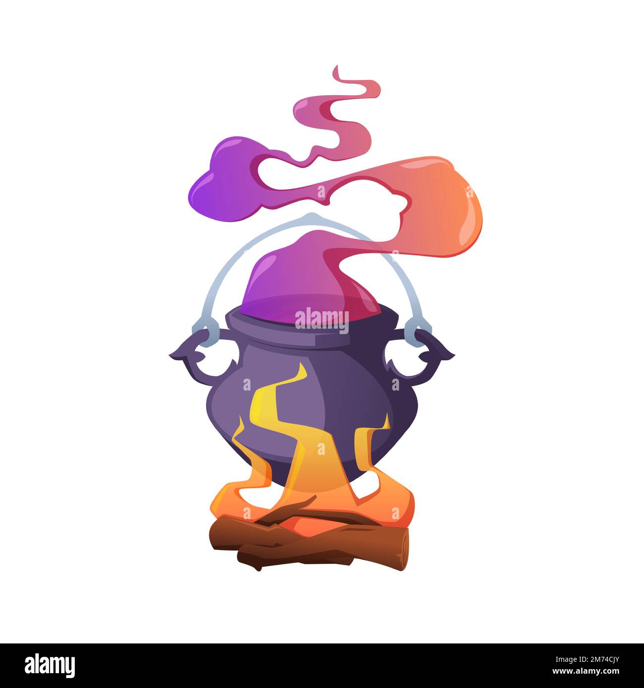 Magic cauldron. Boiling magic potion with smoke and bubbles, cartoon