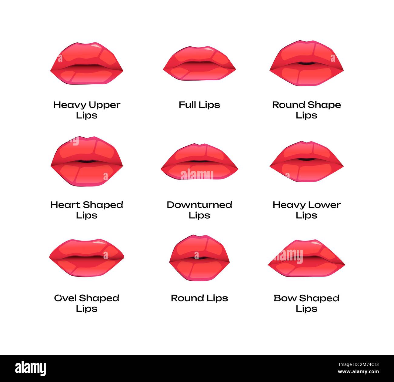 Types of woman lips. Different shapes of female mouth thin full bow-shaped downward round heavy, cartoon colorful girl sensuality symbols. Vector set Stock Vector
