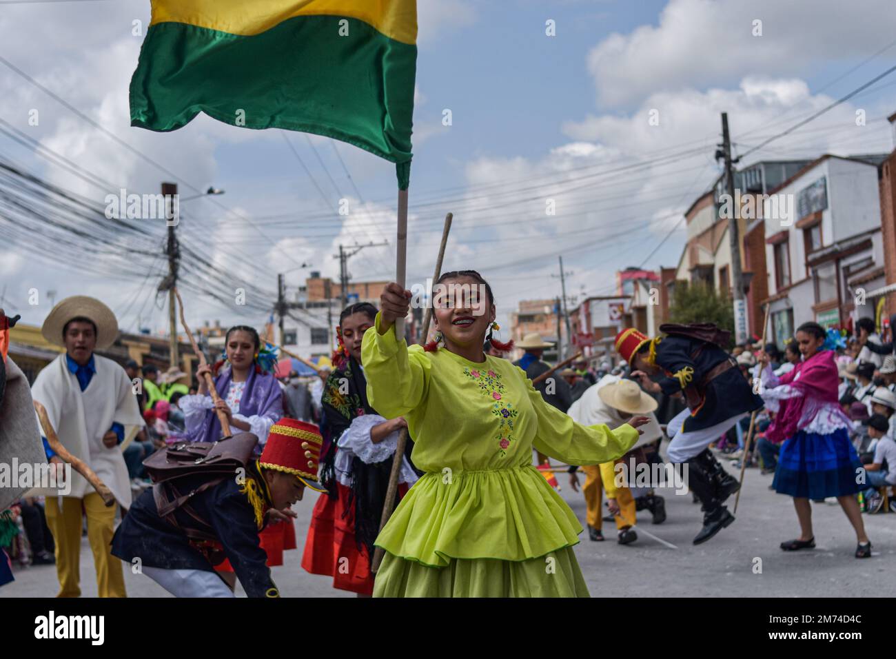 Artists and performers dance during the traditional 'Carnaval de Negros y Blancos' in Pasto, Nariño, January 6, 2023. This UNESCO-recognized carnival takes place every January in the Southern Andean city of Pasto. The ''Carnaval de Negros y Blancos'' has its origins in a mix of Amazonian, Andean and Pacific cultural expressions though art, dances, music and cultural parties. Photo by: Camilo Erasso/Long Visual Press Stock Photo