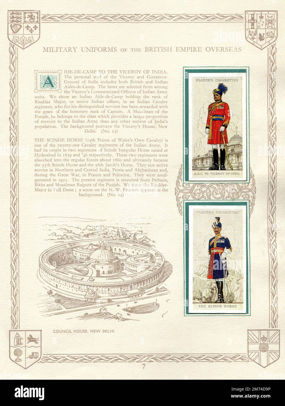 A page from a vintage cigarette card album entitled 'Military Uniforms of  the British Empire Overseas'. The cards displayed depict an Aide-de-Camp to  The Viceroy of India and an officer of The