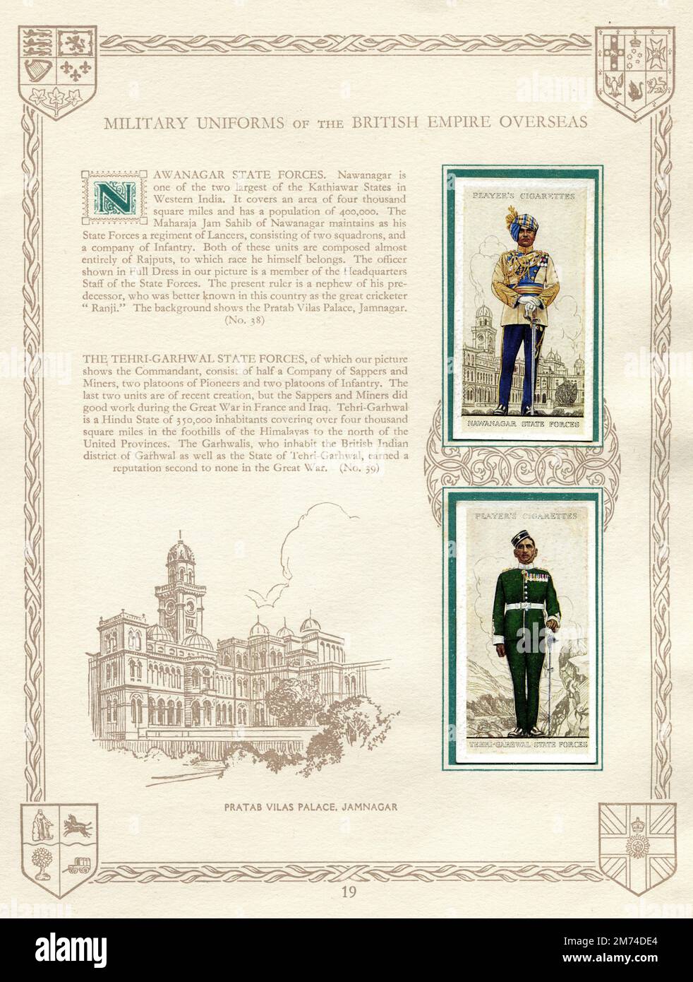 A page from a vintage cigarette card album entitled 'Military Uniforms of  the British Empire Overseas'. The cards displayed depict soldiers of The  Nawangar State Forces and The Tehri-Garhwal State Forces. The