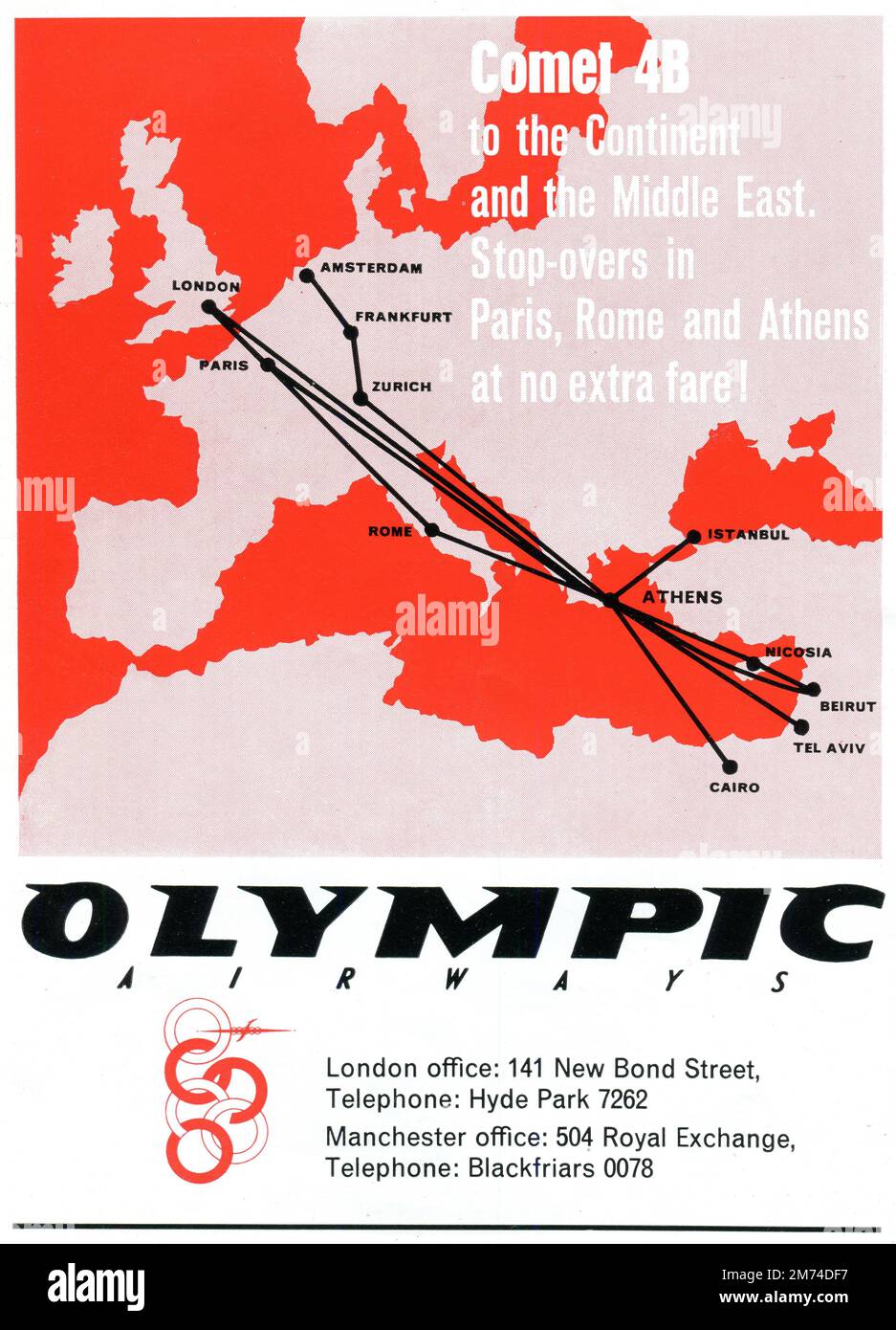 A 1964 advertisement by the airline ‘Olympic Airways’, promoting their De Havilland Comet service. It depicts a map illustrating their routes, together with the slogan “Comet 4B to the Continent and the Middle East. Stop-overs in Paris, Rome and Athens at no extra fare!”. Olympic Airways (later called Olympic Airlines) was the flag carrier airline of Greece which operated for over 40 years between 1957 and 2009. Stock Photo
