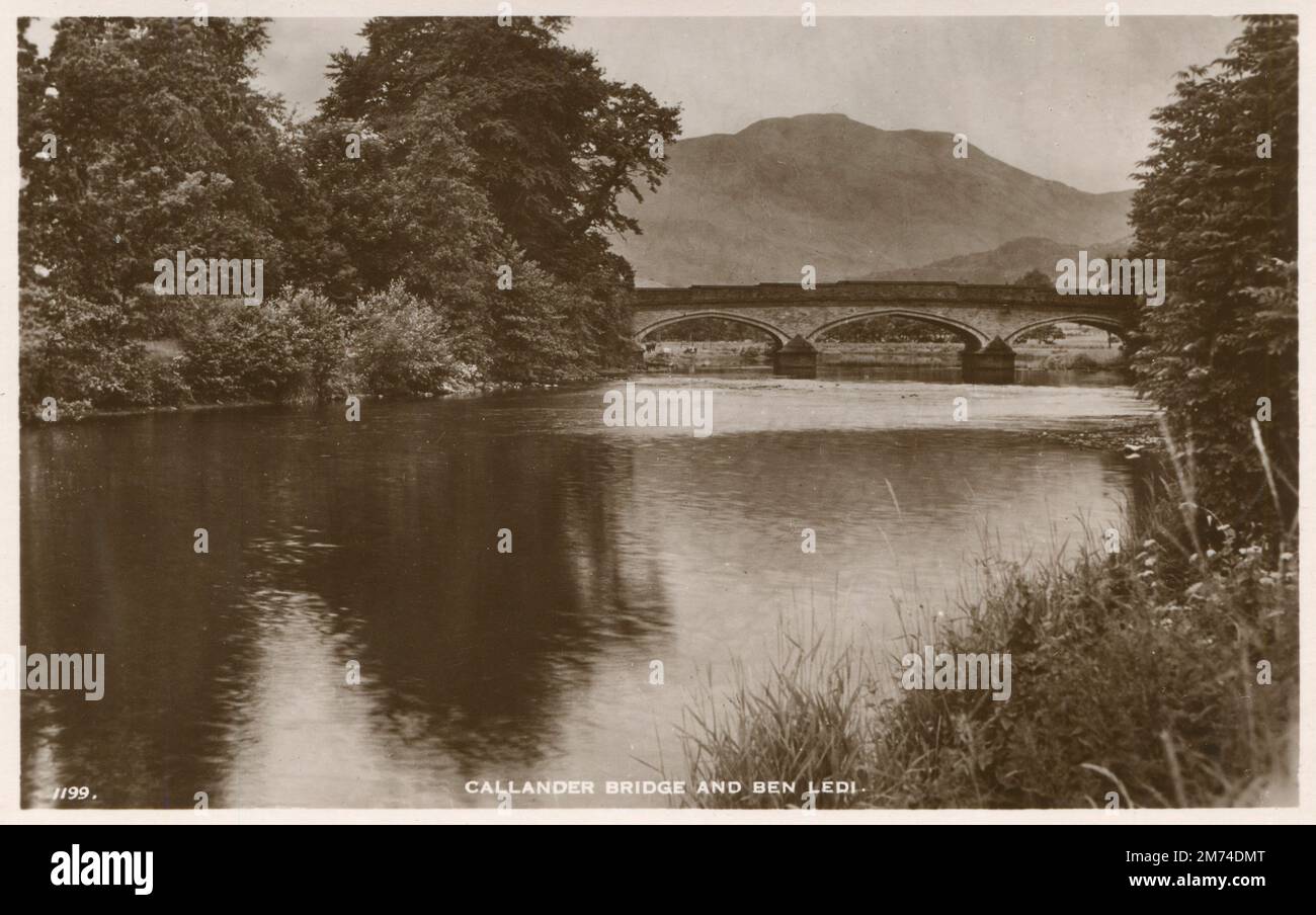 Callander, Scotland. A vintage postcard entitled “Callender Bridge and Ben Ledi”. It depicts the bridge over the River Teith and the mountain Ben Ledi in the distance. Callander is a small town in Stirling, Scotland. Stock Photo