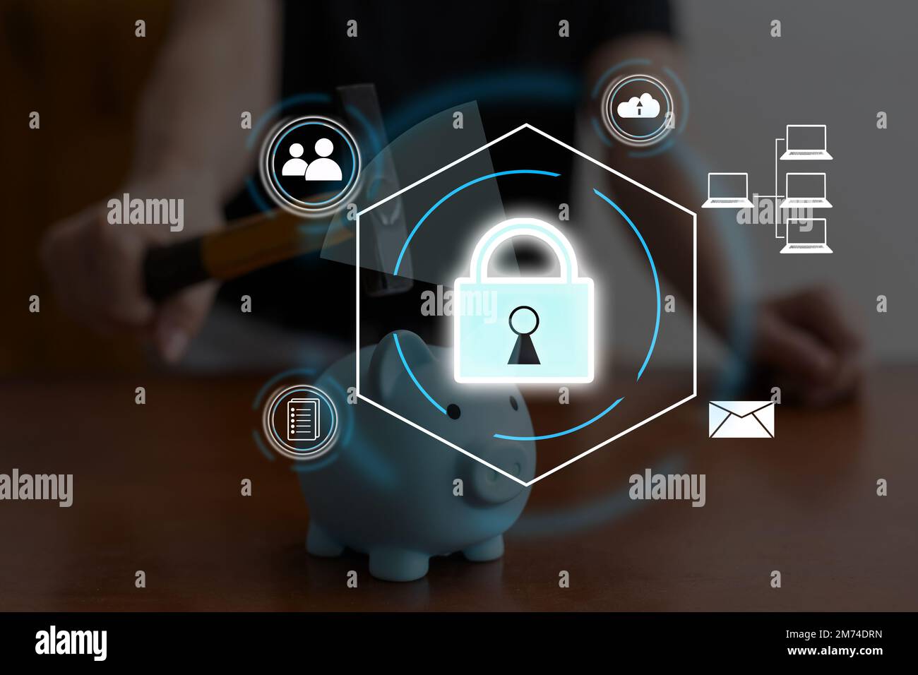Digital padlock icon, cyber security network and data protection technology on virtual interface screen. Online internet authorized access against Stock Photo
