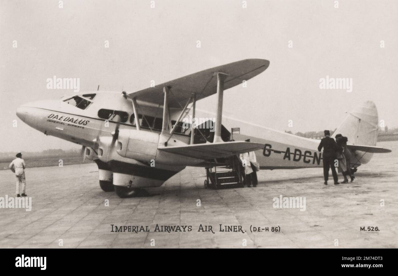 A vintage photographic postcard entitled 'Imperial Airways Air Liner (DE.-H.86)' depicting the Imperial Airways De Havilland DH.86 aircraft G-ADCN “Daedalus”. This aircraft was destroyed by fire whilst parked at Bangkok on 3 December 1938. Stock Photo