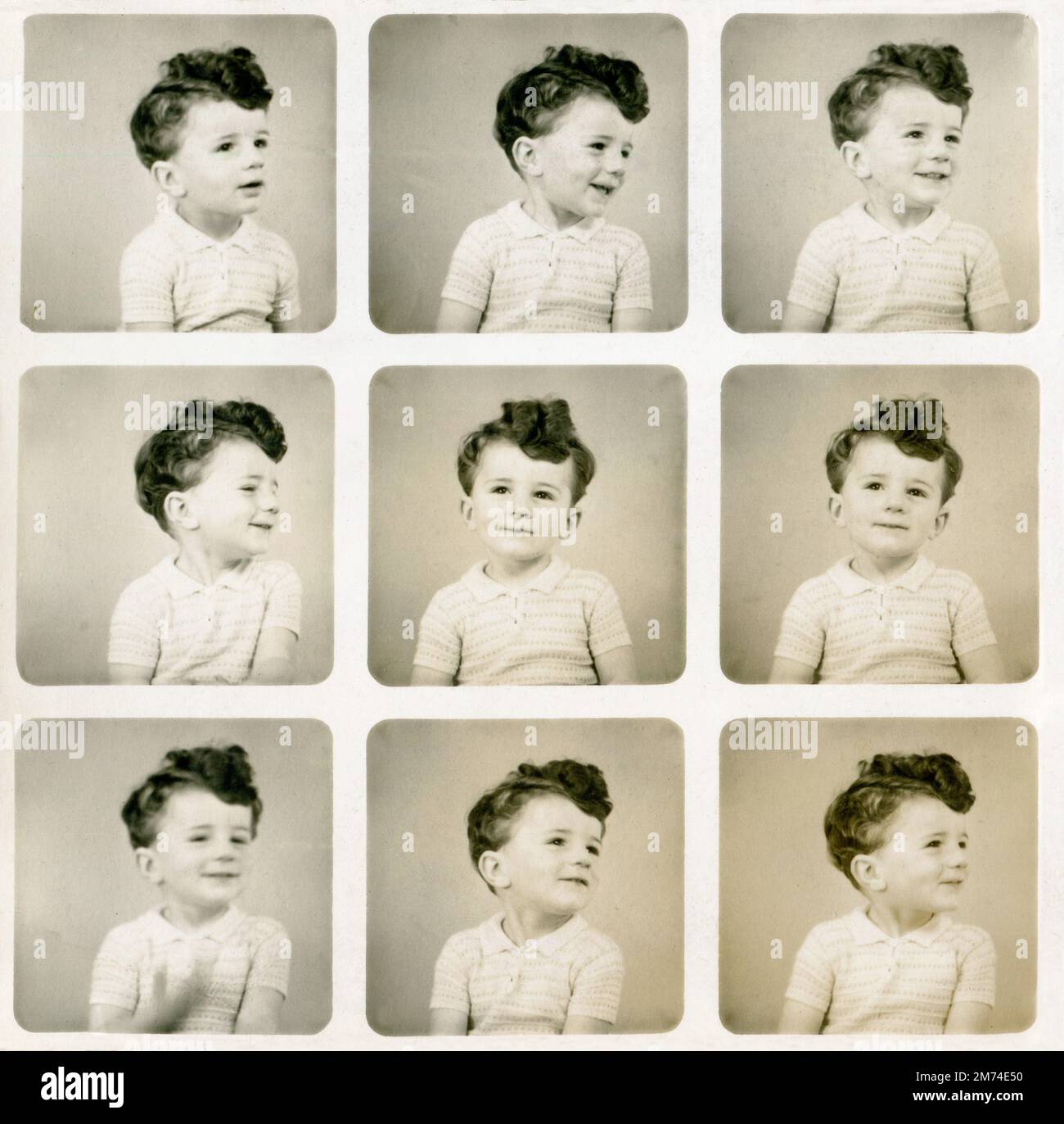 England. Circa. 1950s. A charming set of vintage studio portrait photographs depicting a cheerful, smiling, curly-haired young boy. Originally part of a 48-image contact sheet taken from a Polyfoto camera.  Each photo shows him in a different pose. Stock Photo