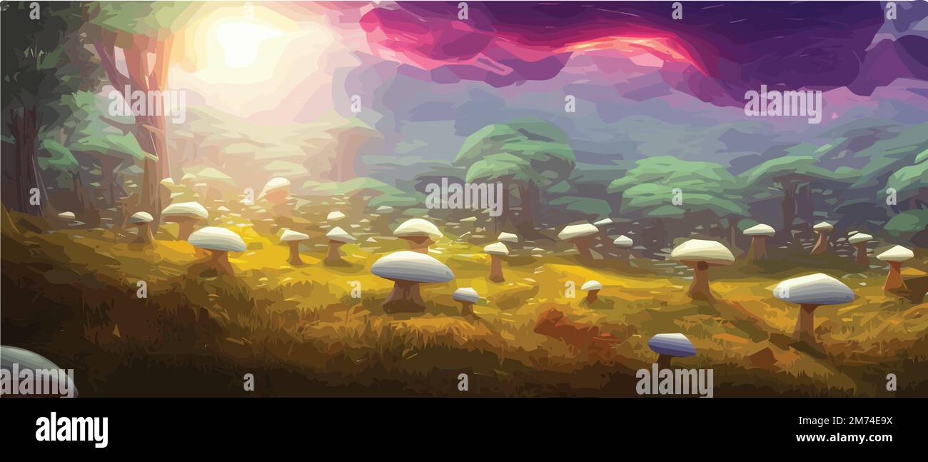 Surreal Mushroom Landscapes Fantasy Wonderland Landscape With Moon Mushrooms Vector