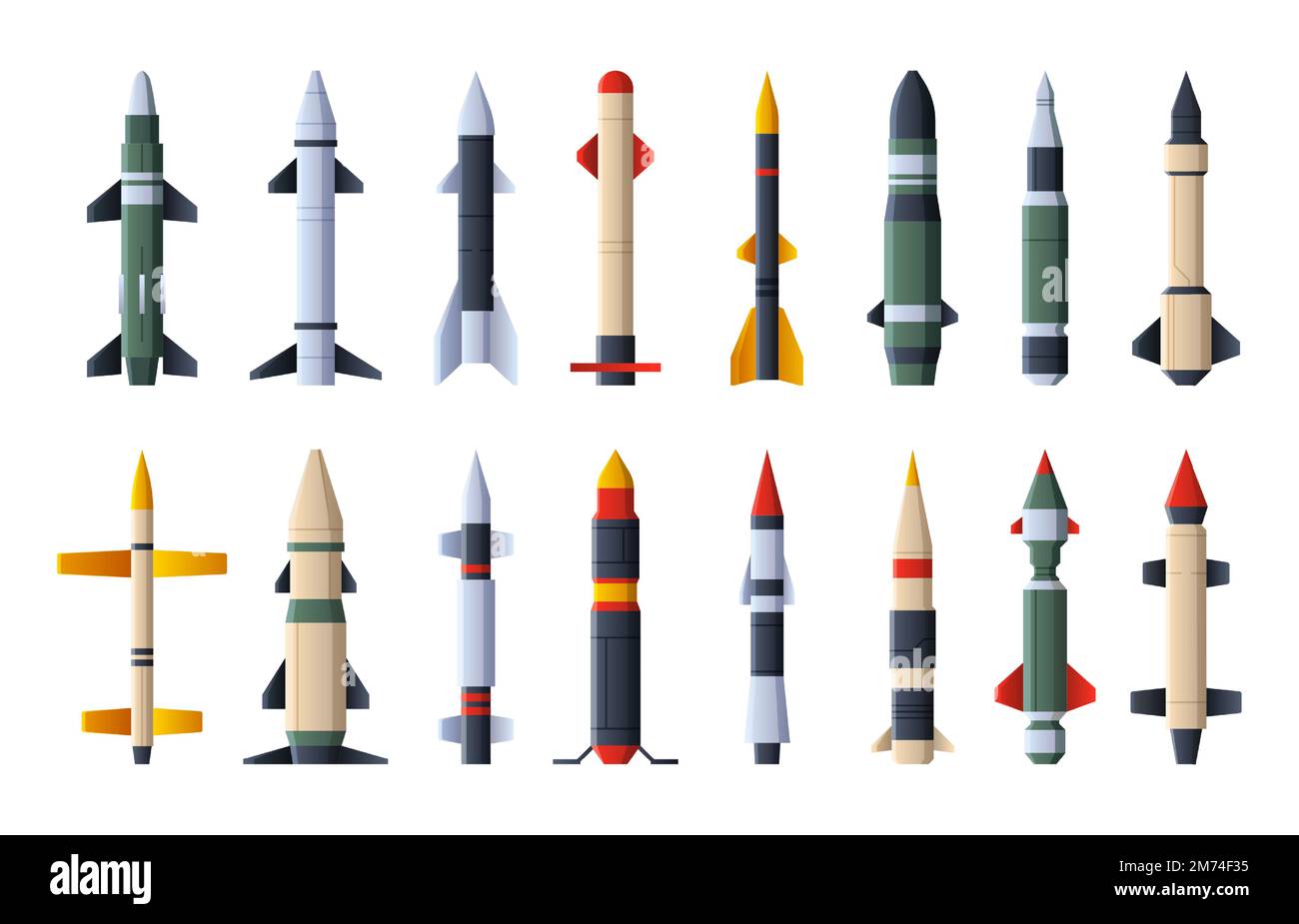 Missiles collection. Military aircraft weapon warhead, explosive missilery ballistic rocket and artillery projectile, wartime army equipment. Vector f Stock Vector