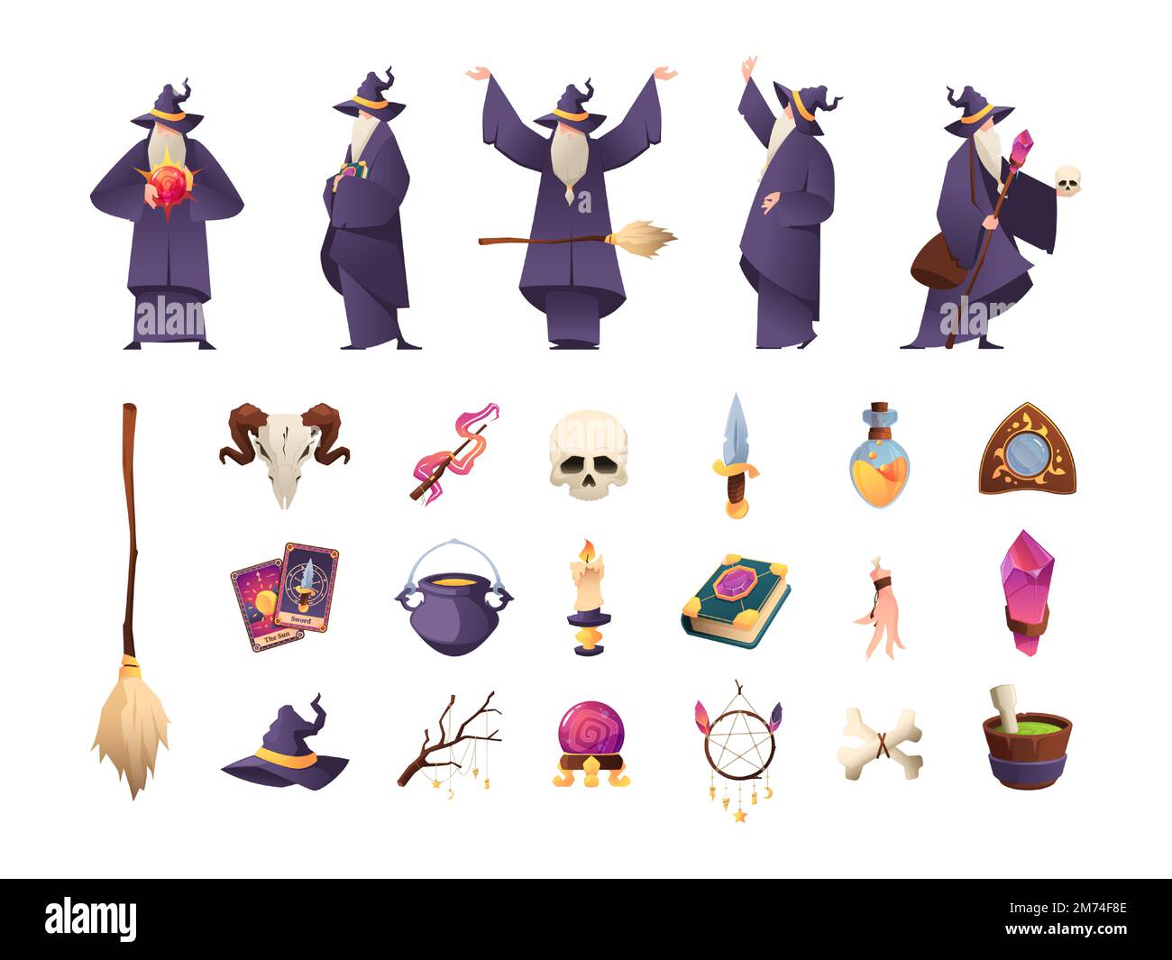 Magician tools. Various old wizards characters cartoon style, mystery sorceress witchcraft with magic occult mystic fantasy elements. Vector set of ma Stock Vector